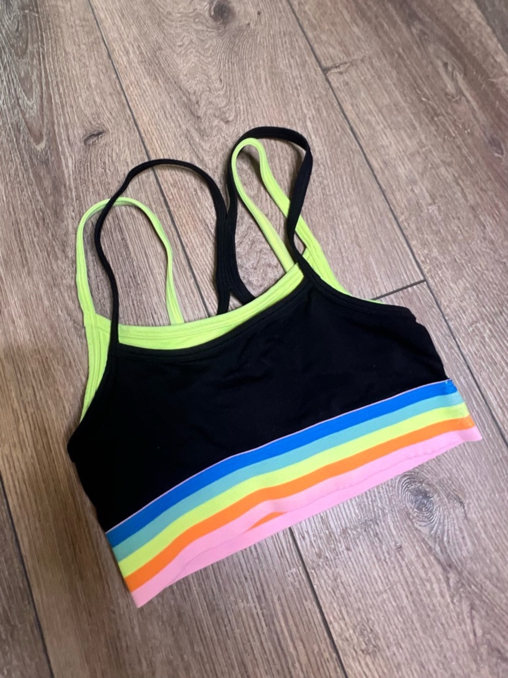 Fabletics Black Sports Bra with Neon Lime Trim and Rainbow Band